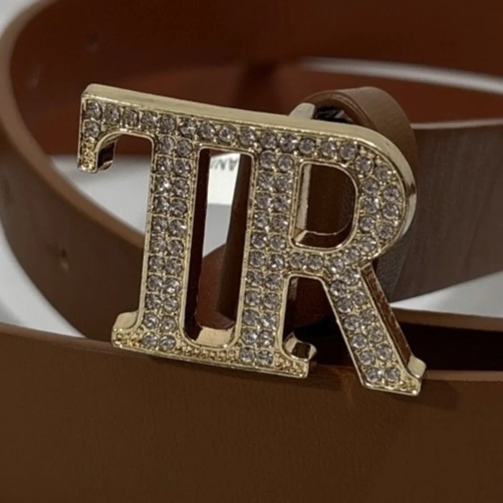 True Religion Women's 1X Plus Cognac‎ Brown Monogram Buckle Rhinestone Belt